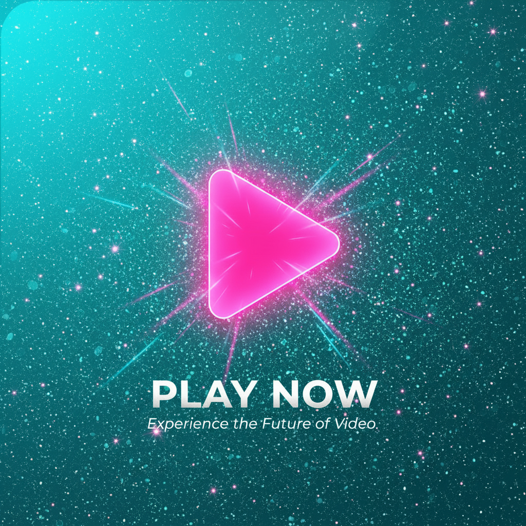 Modern glowing hot pink play button on a bright sparkly teal glitter background
