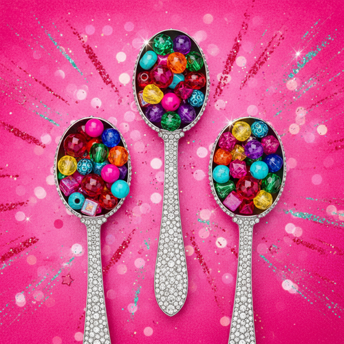 Three silver blinged-out ice cream scoop spoons with colorful jewel-toned beads on a hot pink glitter background