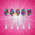 Five silver blinged-out ice cream scoop spoons with colorful jewel-toned beads on a hot pink and teal glitter background
