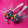 Two silver blinged-out ice cream scoop spoons with colorful jewel-toned beads on a hot pink glitter background